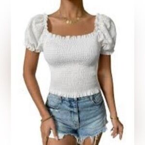 Oat New York NWT Elegant White Smocked Women's Top Short Sleeve Size XL